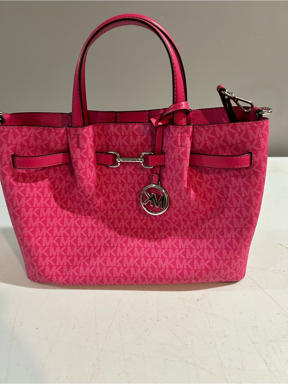 Michael Kors Hot Pink MK Logo Tote with Silver Hardware